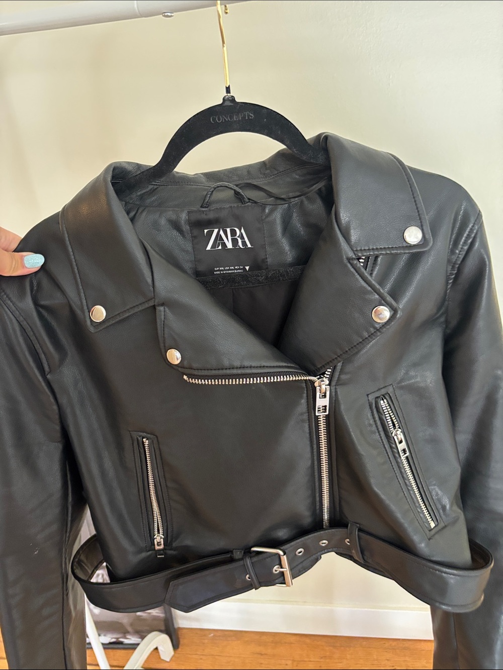 Zara Black Faux Leather Biker Jacket with Silver Hardware